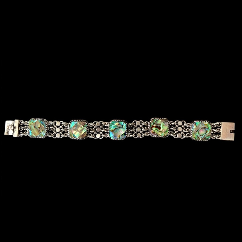 Vintage Egyptian .800 Silver Abalone Panel Link Bracelet Arabic Hallmarks 7.5"
